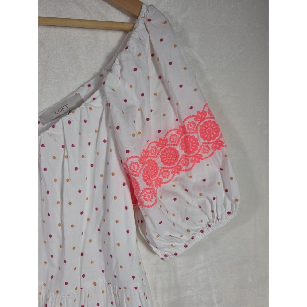 LOFT White Polka Dot Puff Sleeve Dress Neon Embroidered Trim Size M NWT - Picture 4 of 11